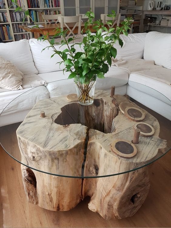 Glass-Topped Tree Stump Coffee Table Elegance