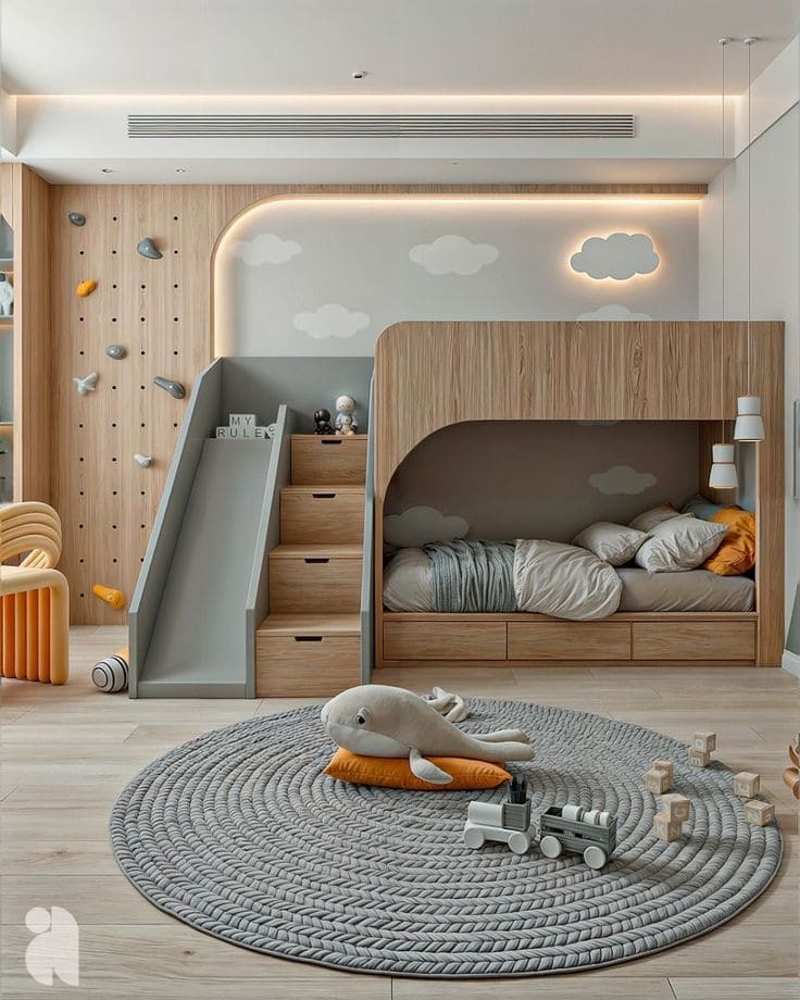 Interactive Bunk Bed with Slide and Climbing Wall