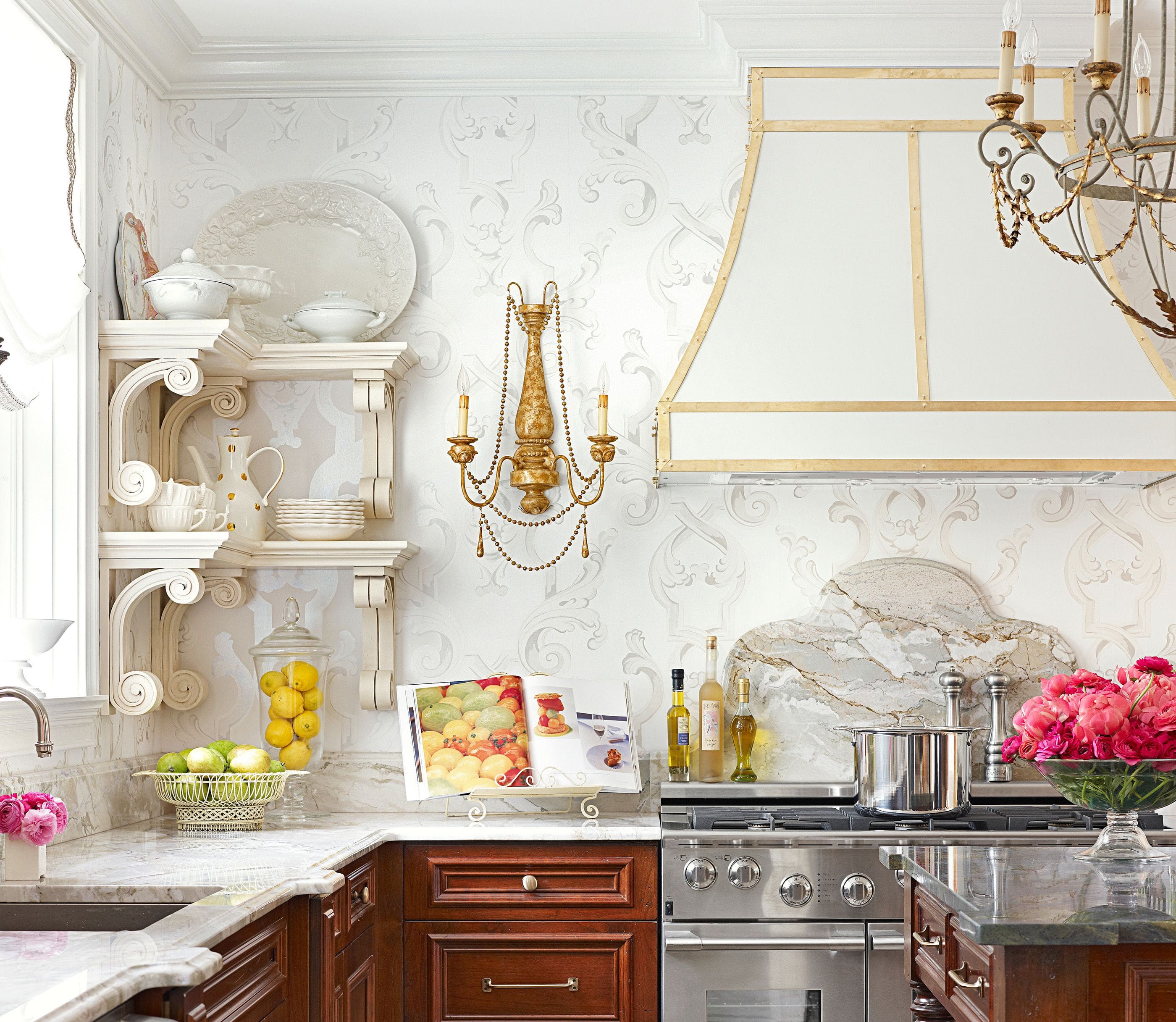 Luxurious Baroque-Inspired White Kitchen Wallpaper