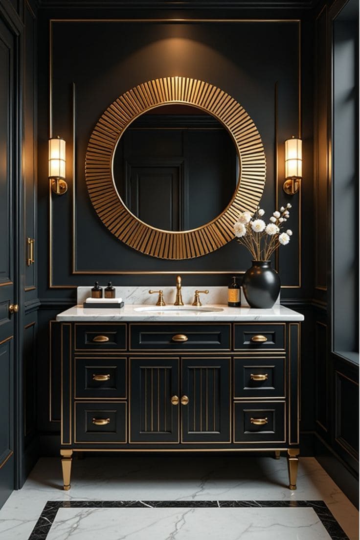 Luxurious Gold-Trimmed Round Bathroom Mirror