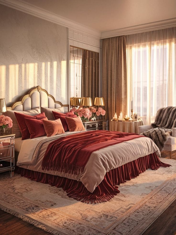 Luxurious Romantic Bedroom Design with Velvet Accents