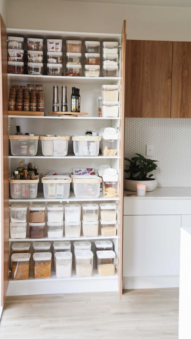 Modern Kitchen Pantry with Clear Plastic Bins