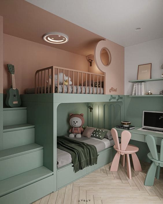 Modern Pastel Bunk Bed with Study Area