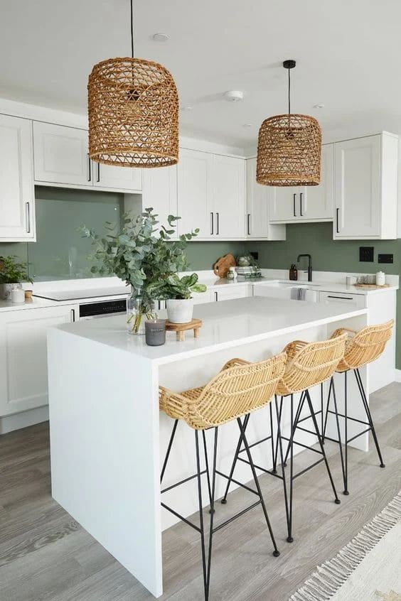 Modern Sage Kitchen with Woven Accents