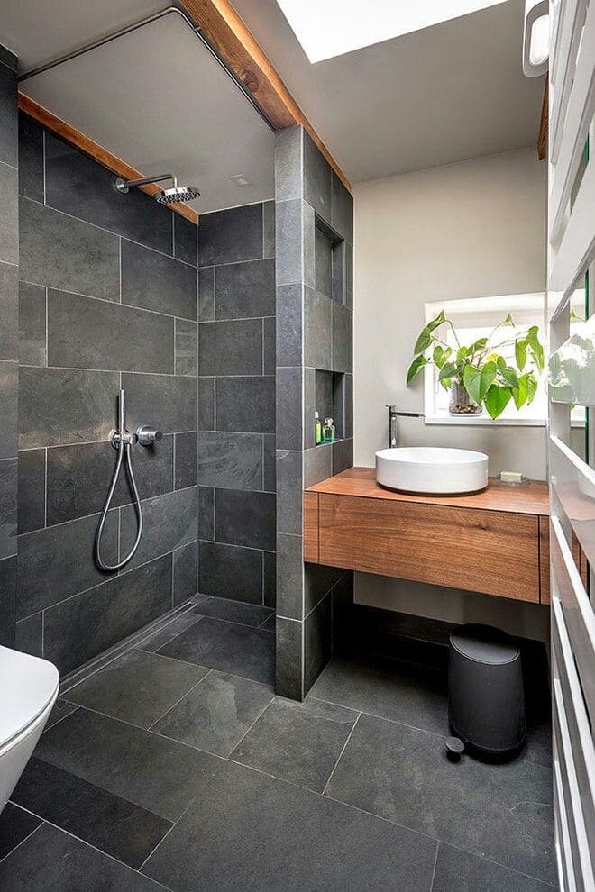 Modern Slate-Toned Bathroom With Natural Accents