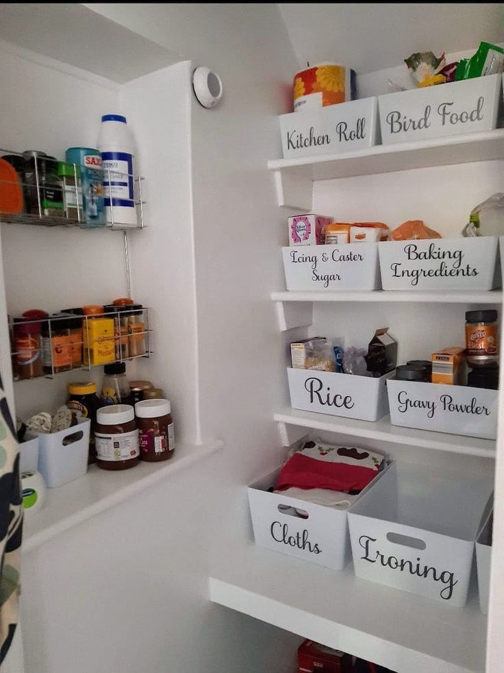 Neat Kitchen Storage with Labeled Boxes