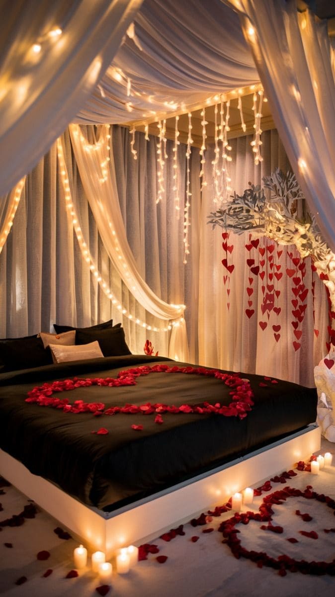 Romantic Bedroom with Heart-Shaped Rose Petals