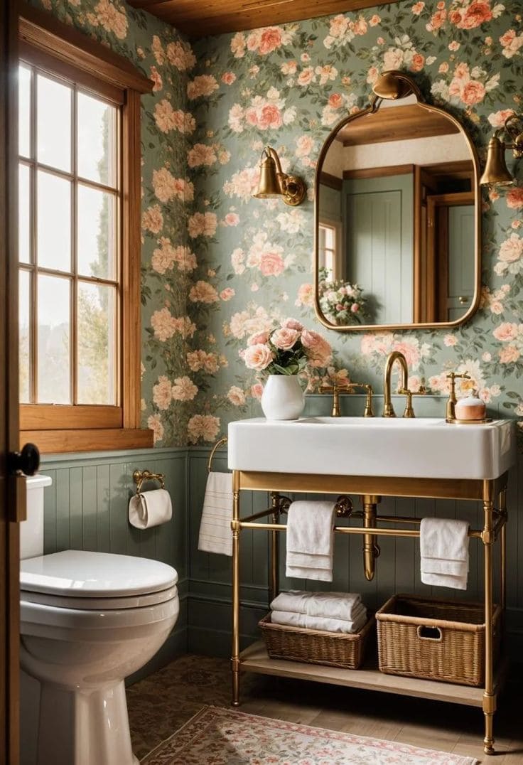 Romantic Floral Bathroom with Golden Accents