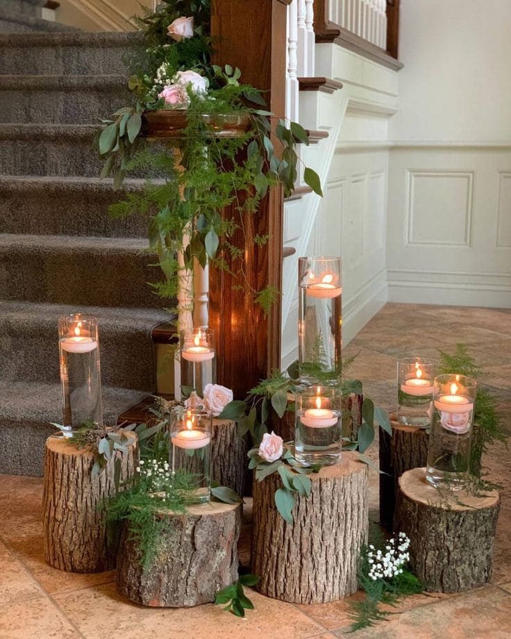 Romantic Tree Stump Candle Arrangement Display