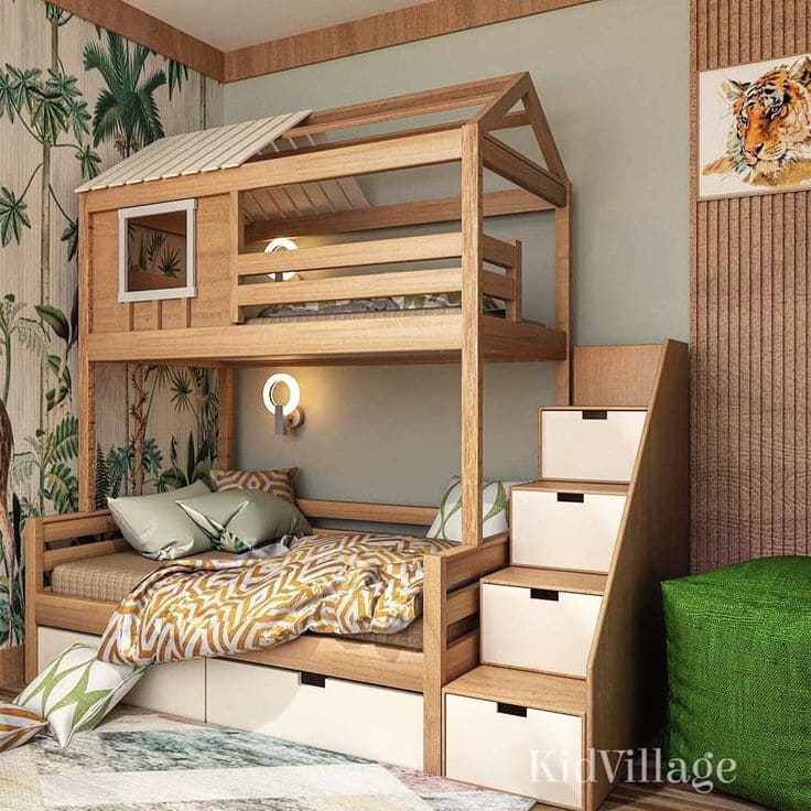 Rustic Adventure-Themed Wooden Bunk Bed