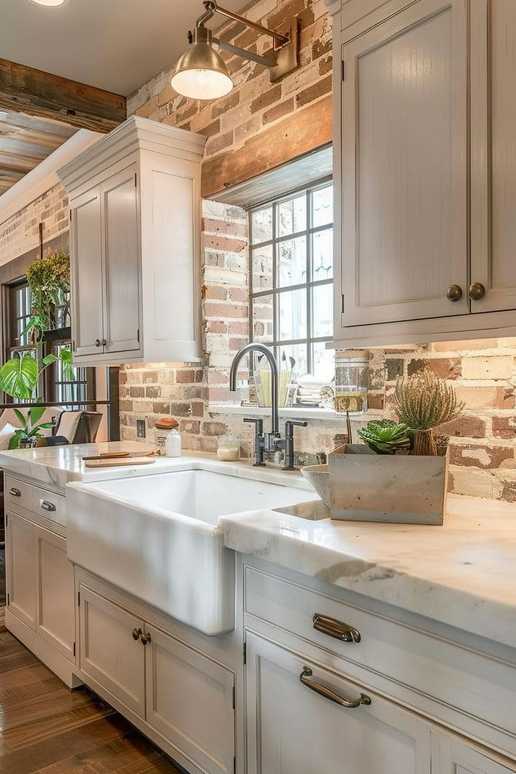 Rustic Charm with Brick and Marble Elegance