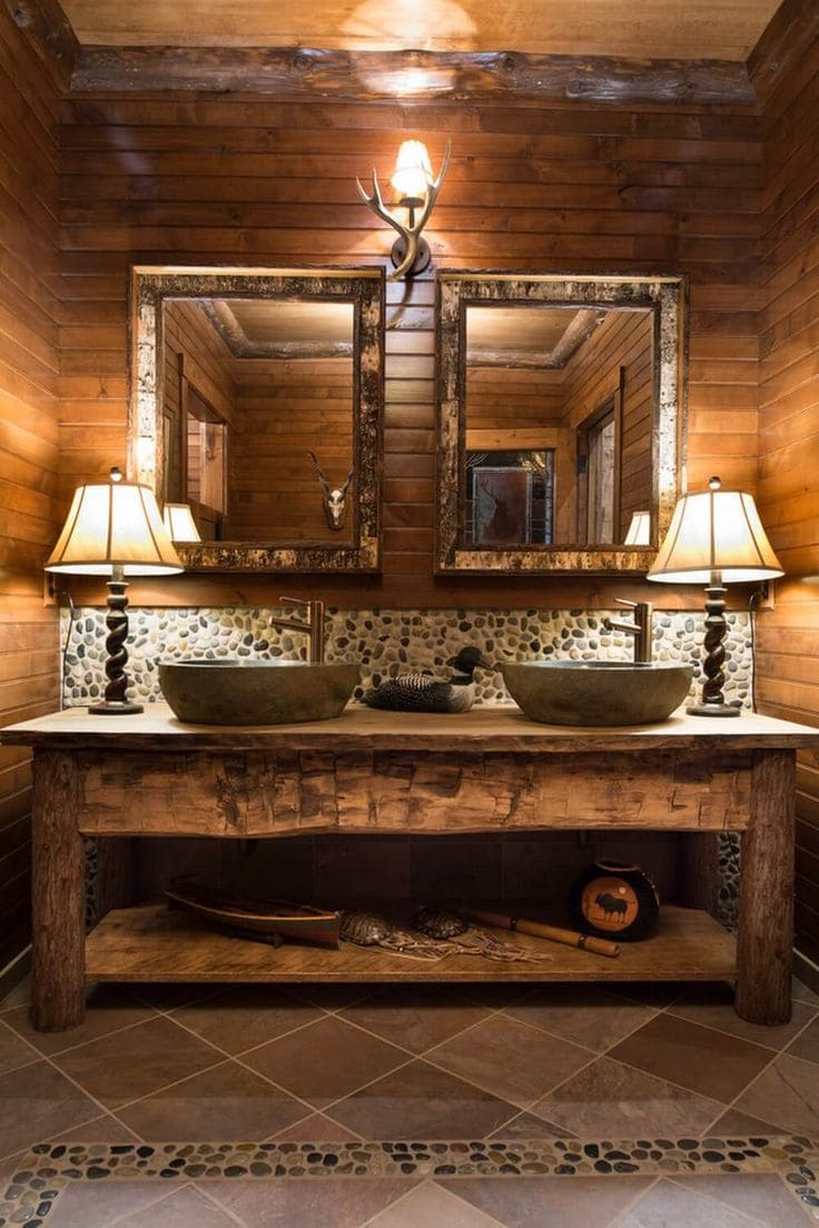 Rustic Double Vanity with Stone Accents