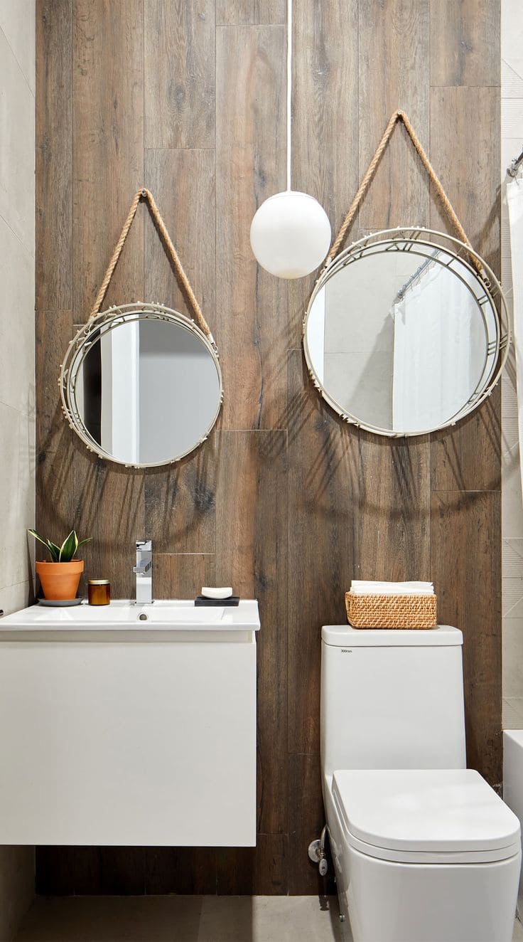 Rustic Rope-Hung Bathroom Mirror Duo