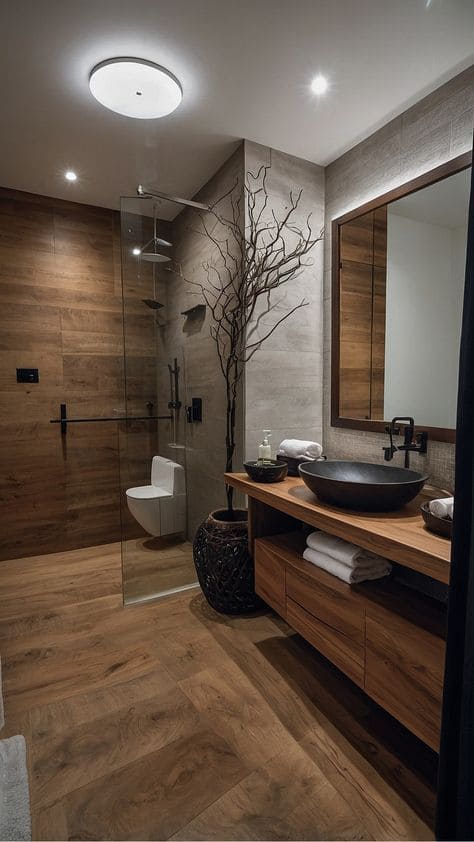 Rustic Wood and Black Accent Bathroom Bliss