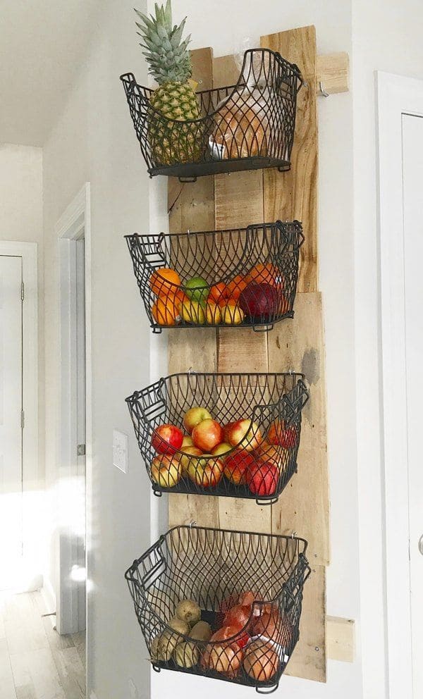 Rustic and Space-Saving Fruit Basket Wall