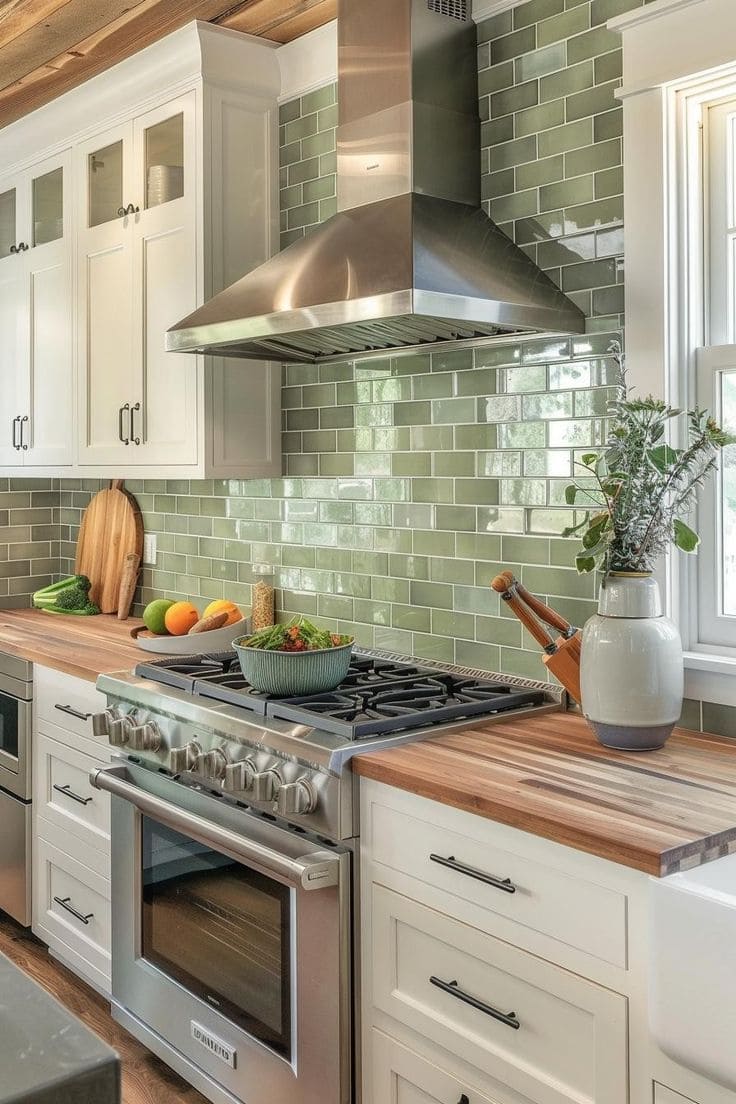 Sage Green Subway Tile Kitchen Charm