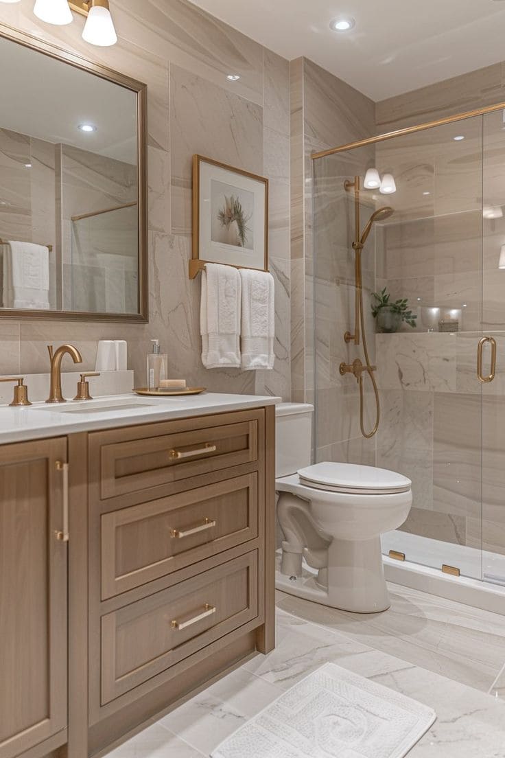 Timeless Gold Accented Marble Bathroom Elegance