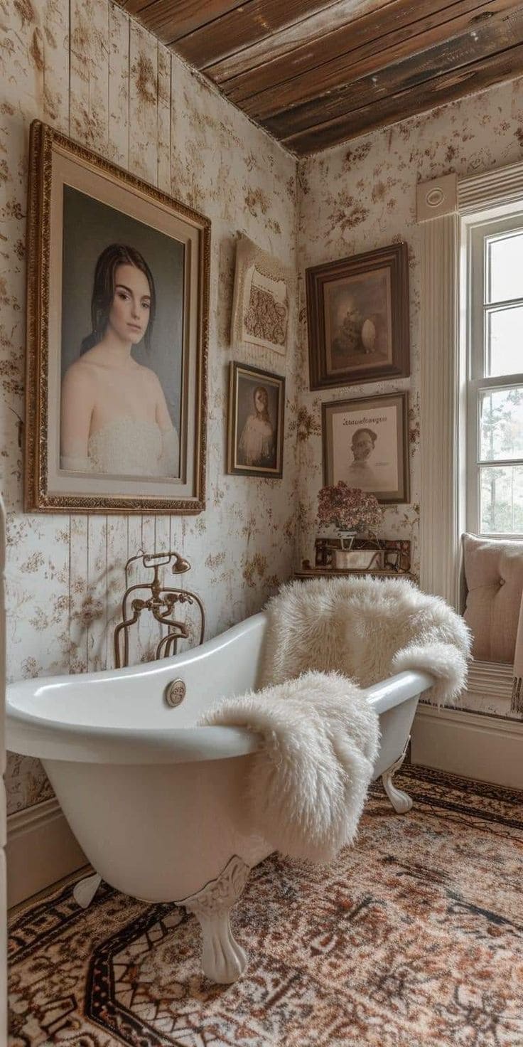 Timeless Portrait-Decorated Vintage Bathroom Design
