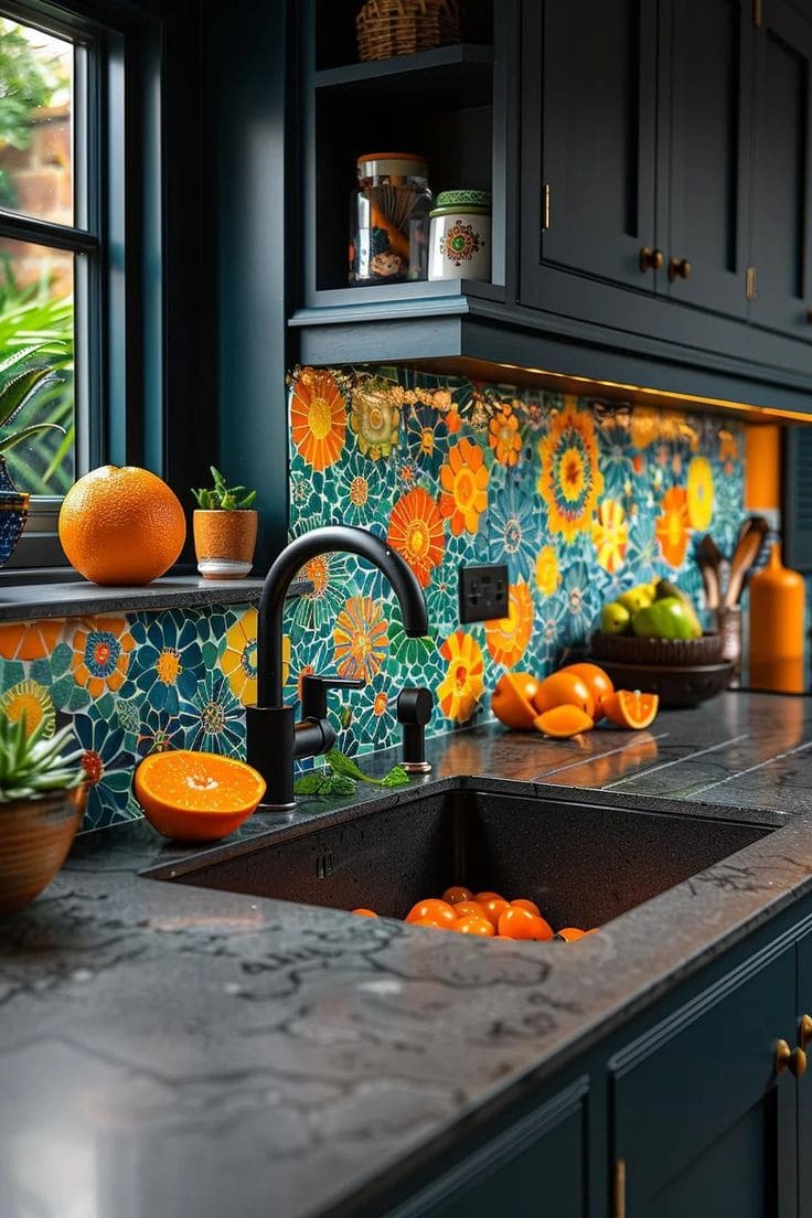 Vibrant Sunburst Floral Kitchen Wallpaper