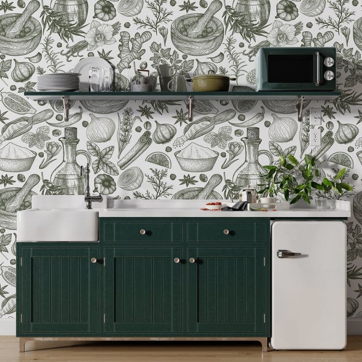 Vintage Herb-Inspired Botanical Kitchen Wallpaper