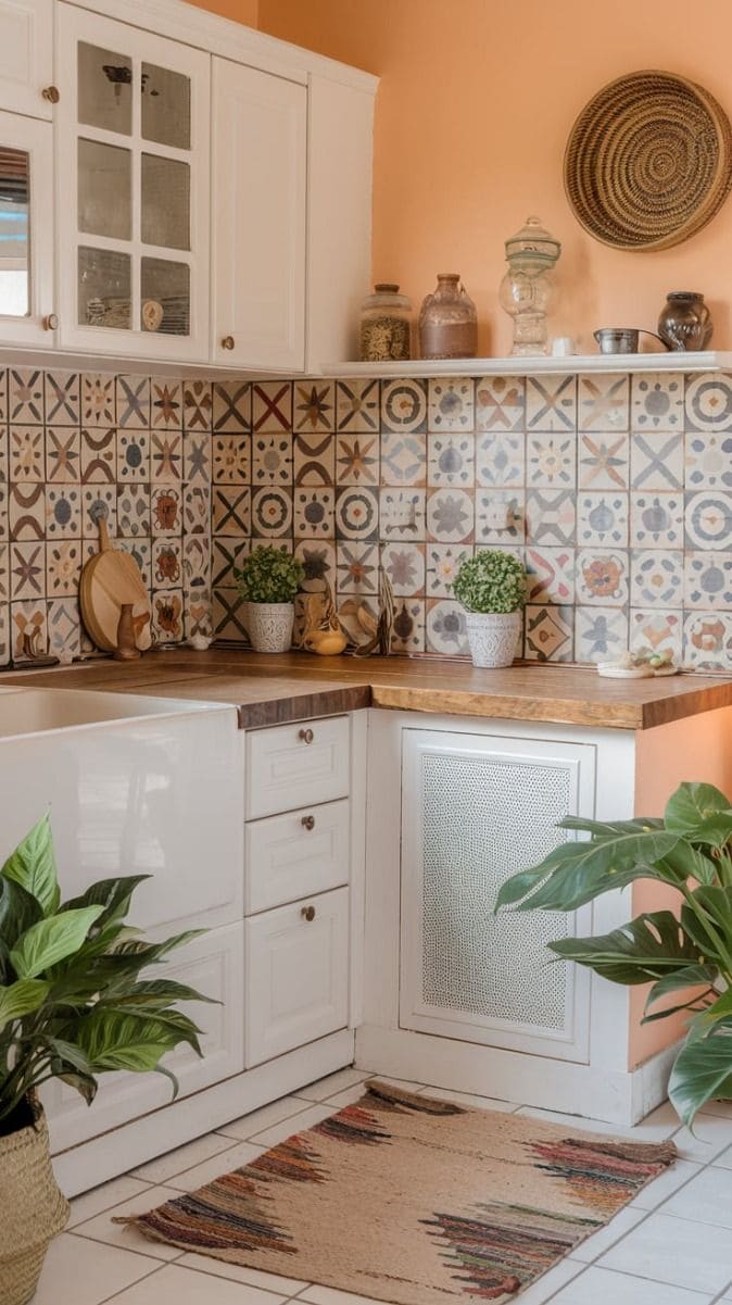 Vintage Patterned Tile-Inspired Kitchen Wallpaper