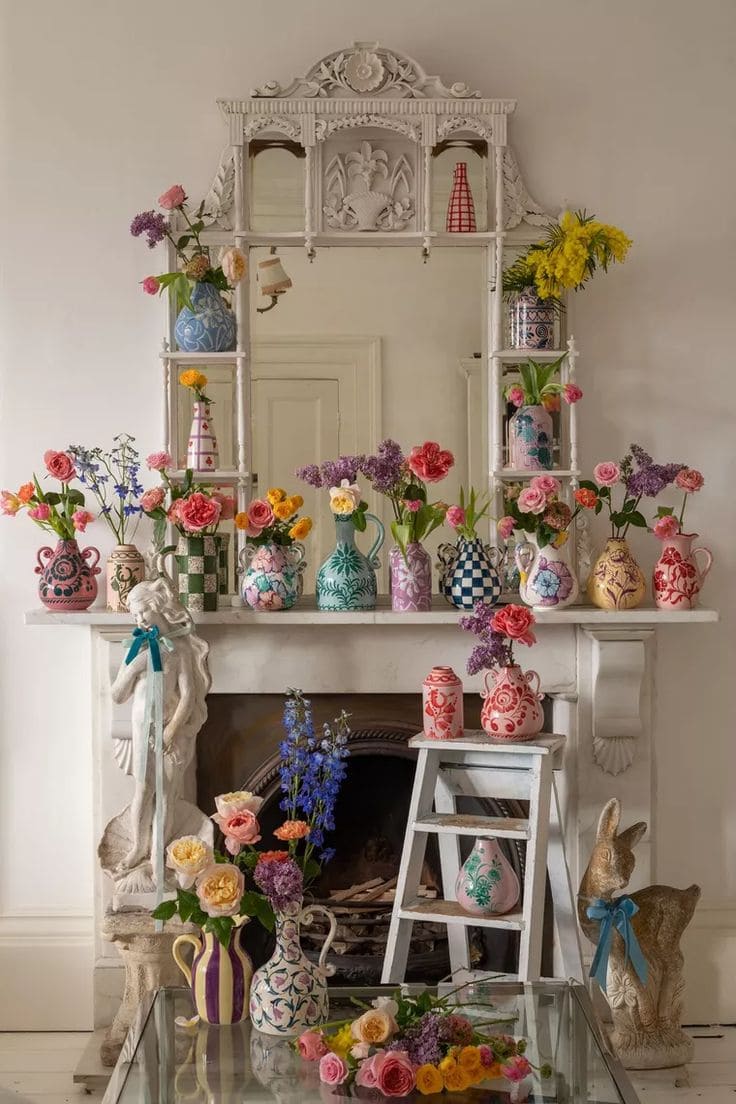 Vivid Floral Mantelpiece with Artistic Vases