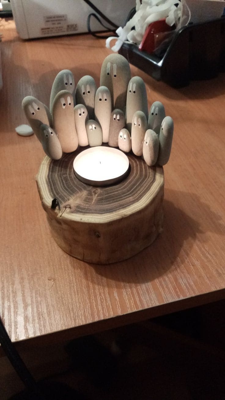 Whimsical Pebble and Tree Stump Candle Holder