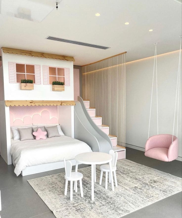 Whimsical Pink Playhouse Bunk Bed Design