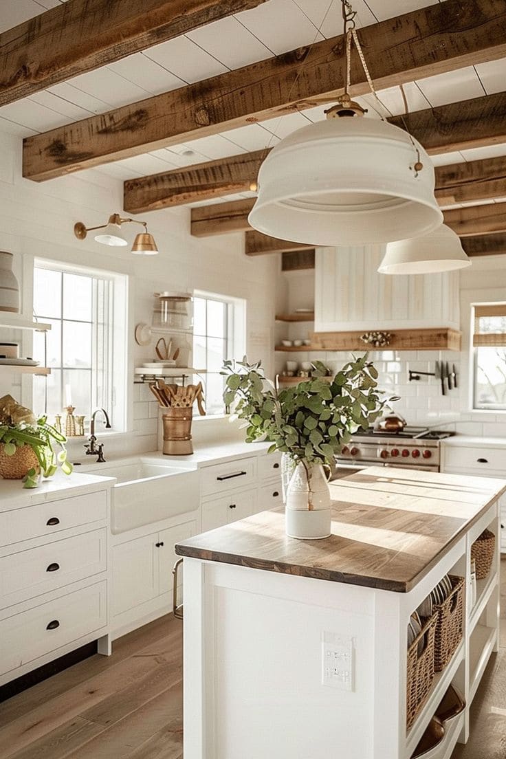 White Kitchen with Wooden Beams