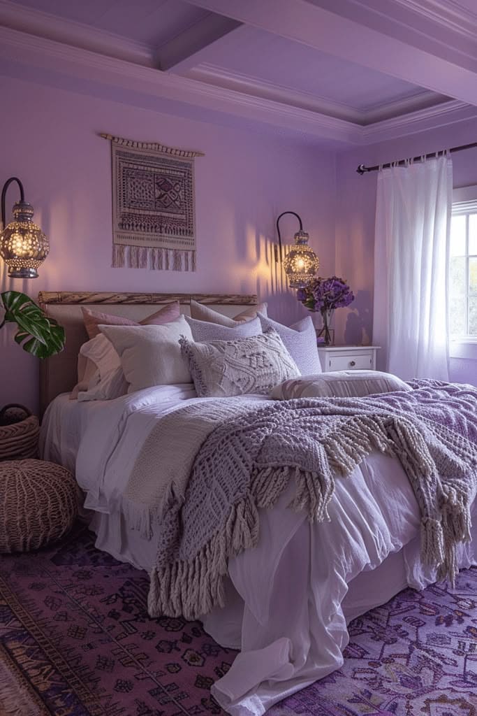 Bohemian Lavender Bedroom with Cozy Textures