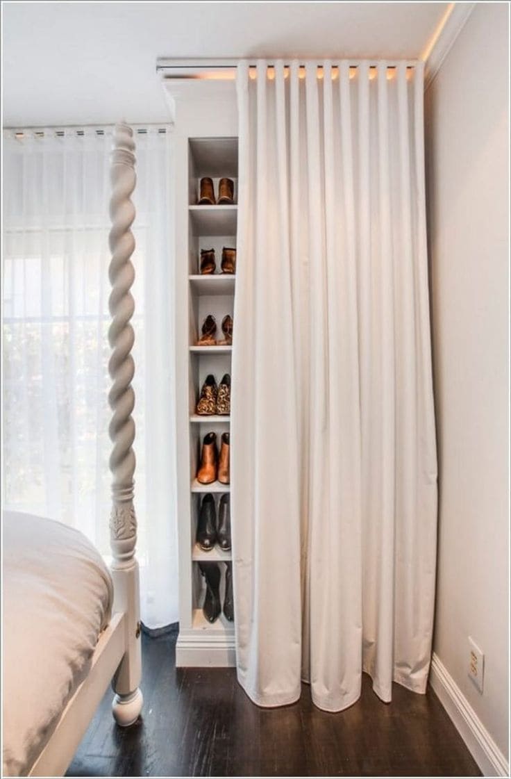 Curtain-Covered Shoe Storage Nook