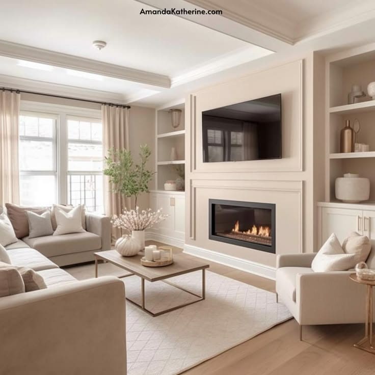 Elegant Neutral TV Setup with Fireplace Charm