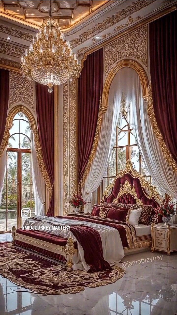 Majestic Gold and Burgundy Bedroom Retreat