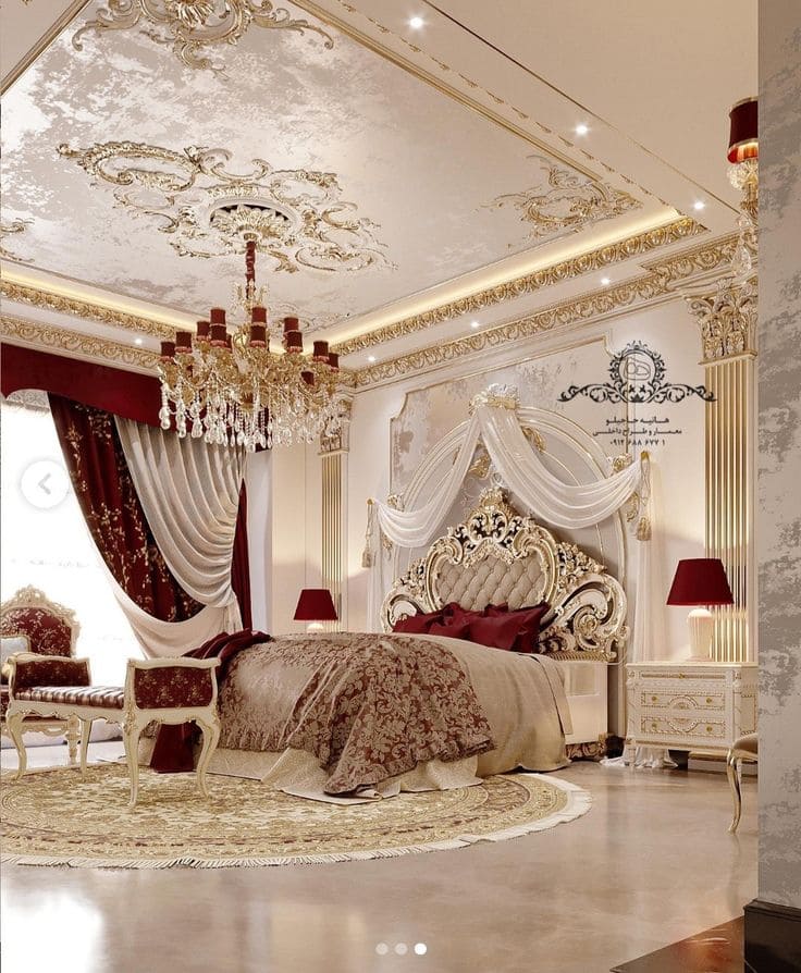 Regal Gold and Burgundy Bedroom Elegance