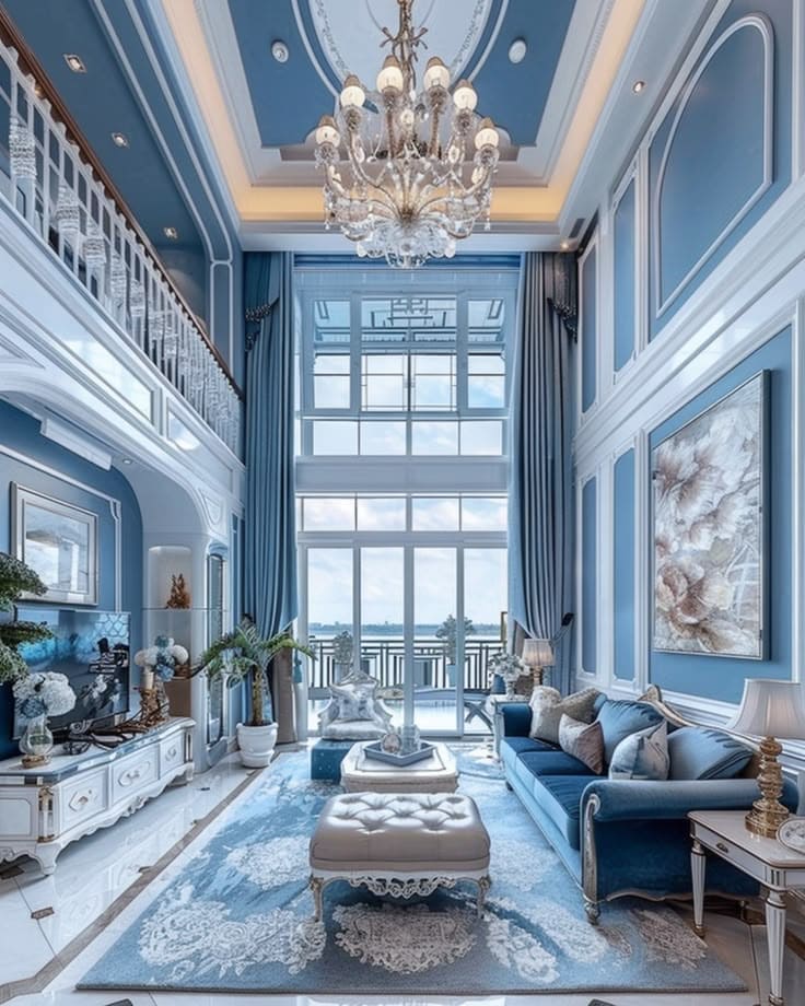 Regal Opulence in a Blue Living Room