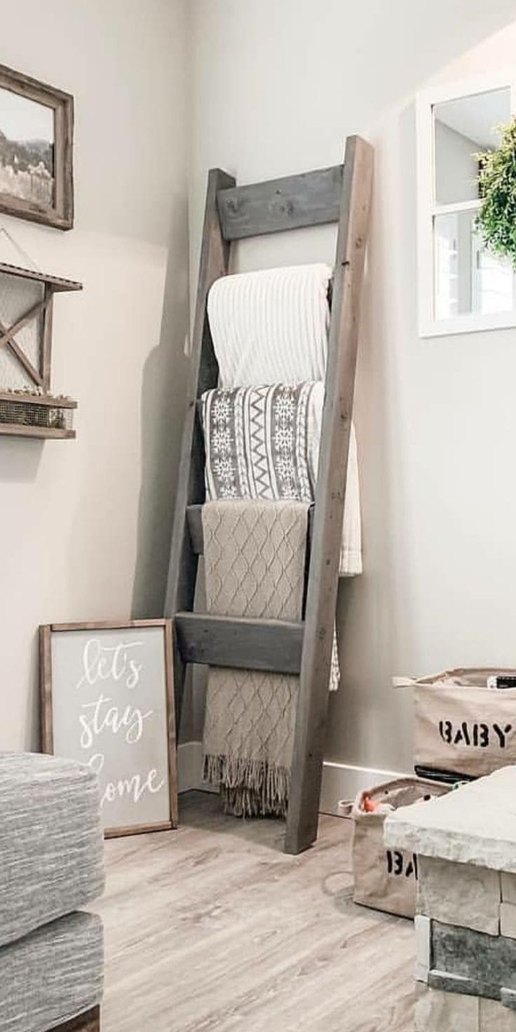 Rustic Wooden Ladder for Blanket Display