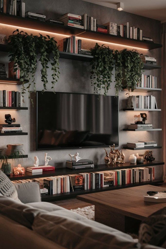 Sophisticated TV Setup with Bookshelf Elegance