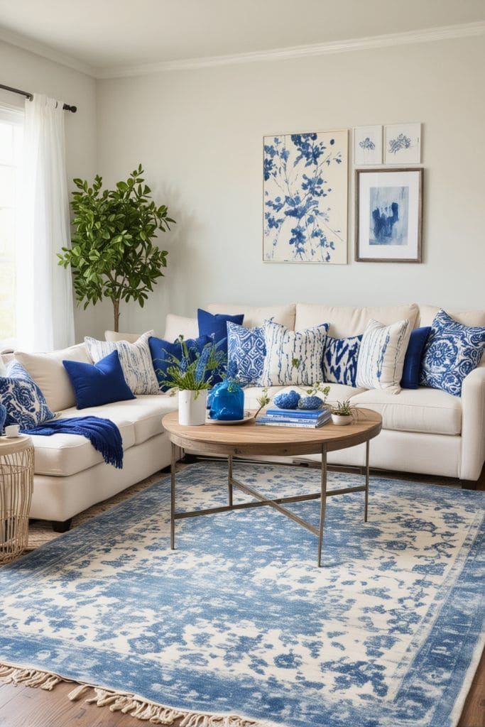 Timeless Blue and White Living Room Elegance