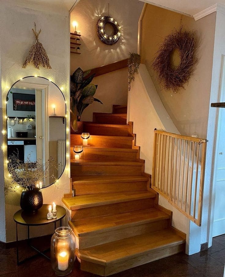 Cozy Candlelit Staircase with Rustic Elegance