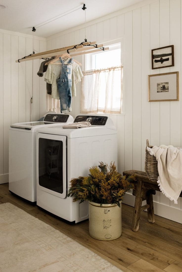 Cozy Farmhouse Laundry with Hanging Rack