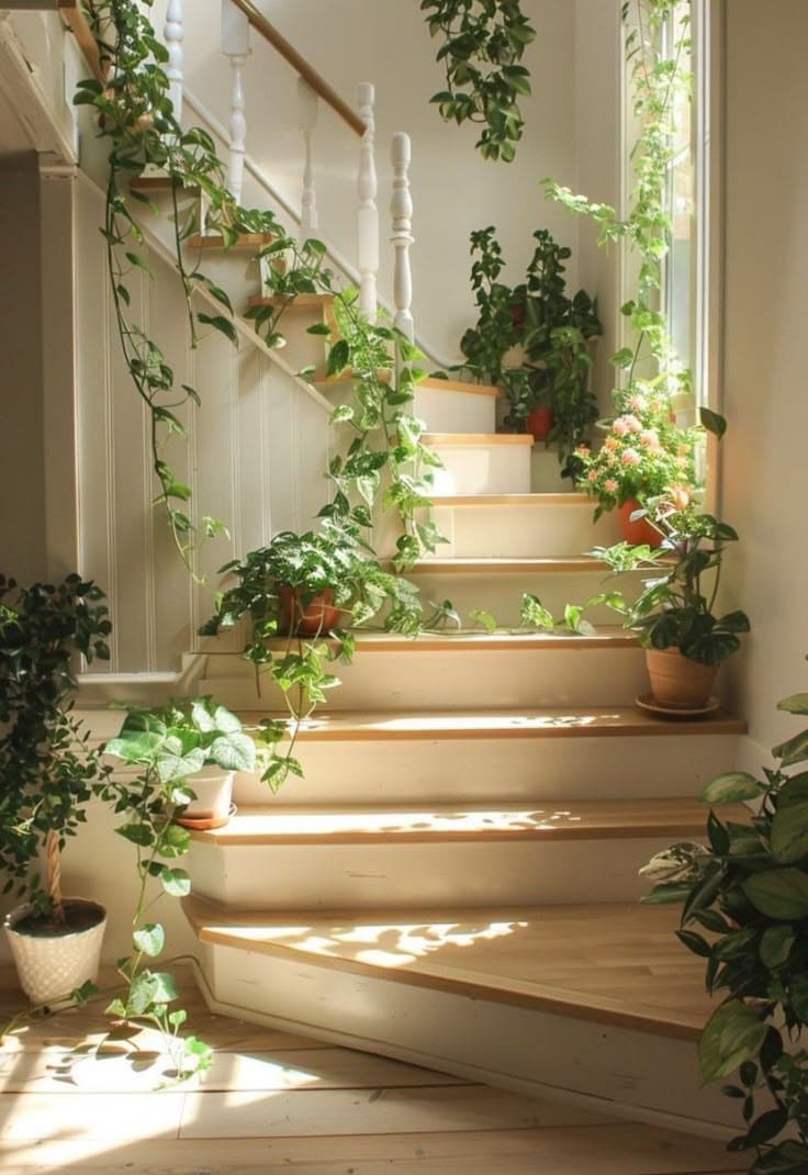 Lush Green Staircase with Sunlit Charm