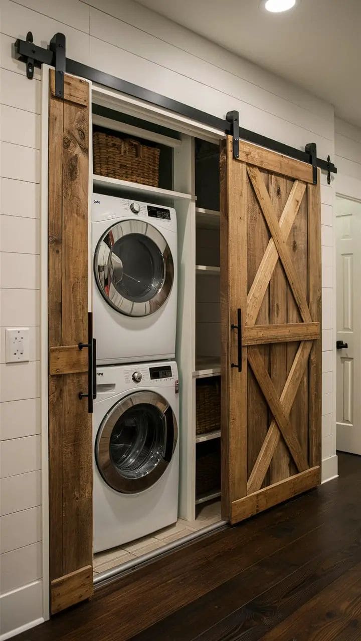 Rustic Farmhouse Laundry with Sliding Doors