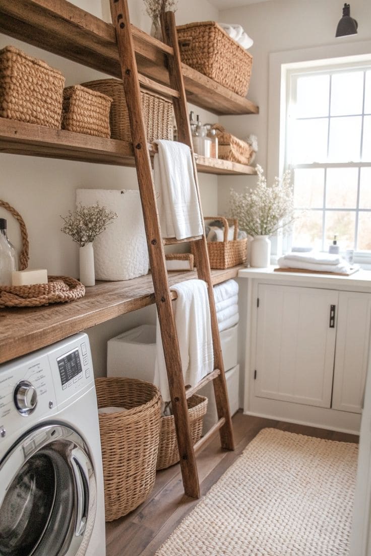 Timeless Farmhouse Laundry with Rustic Ladder