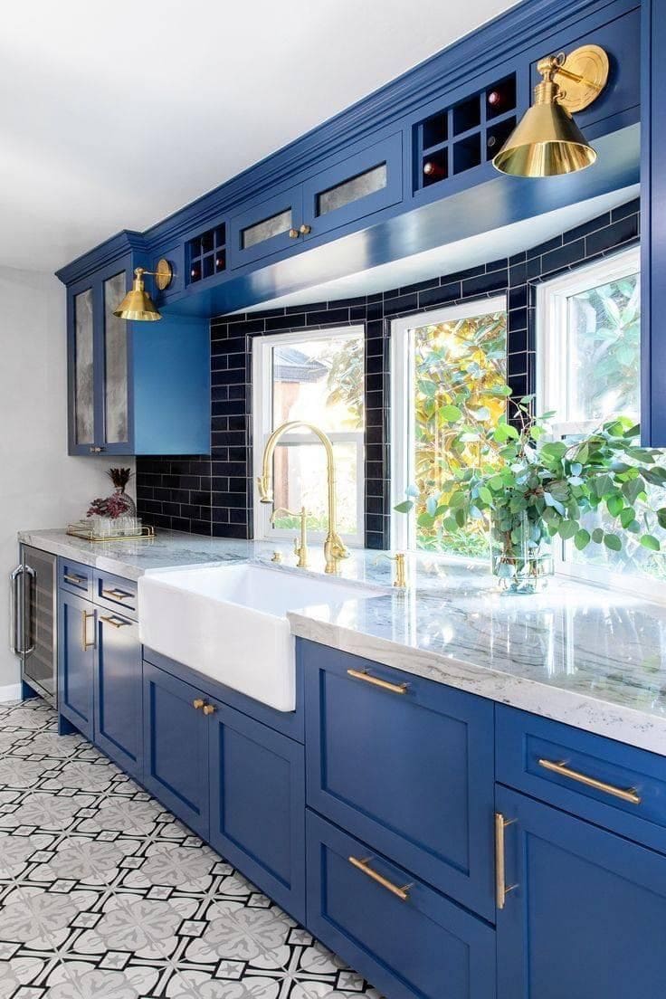 Bold Blue and Gold Window Kitchen