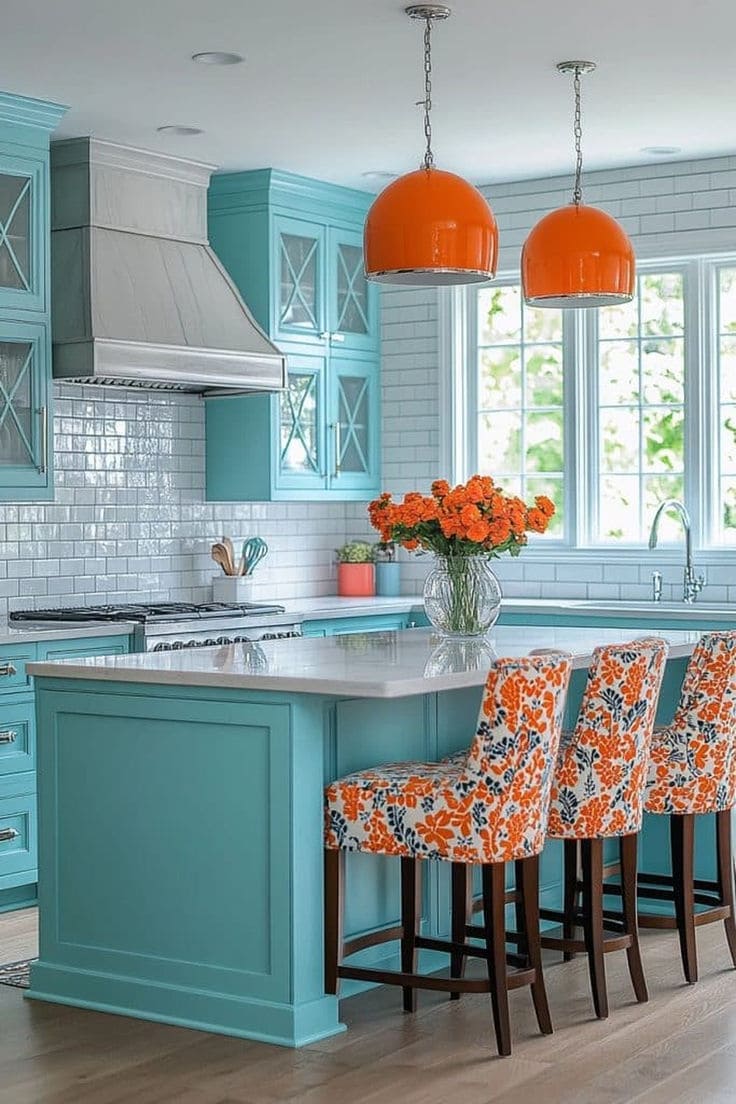 Bold Turquoise and Citrus Splash Kitchen
