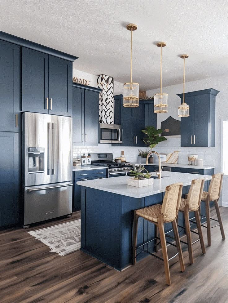 Contemporary Charm with Navy and Rattan Accents