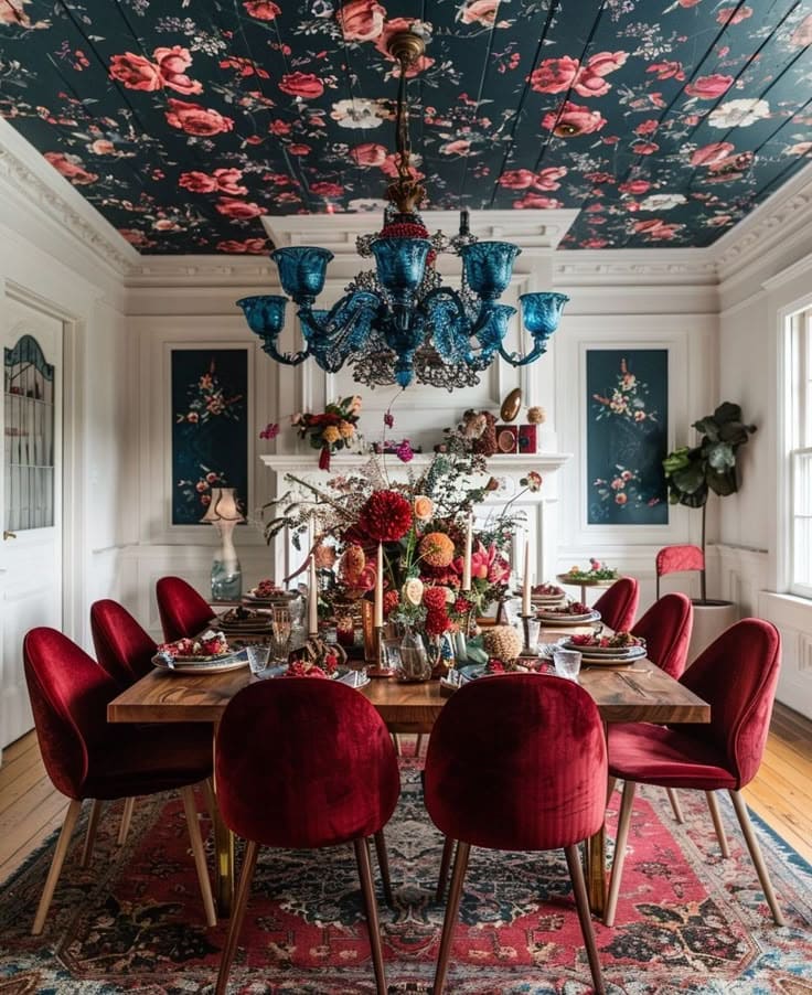 Dramatic Floral Ceiling and Blue Chandelier Delight