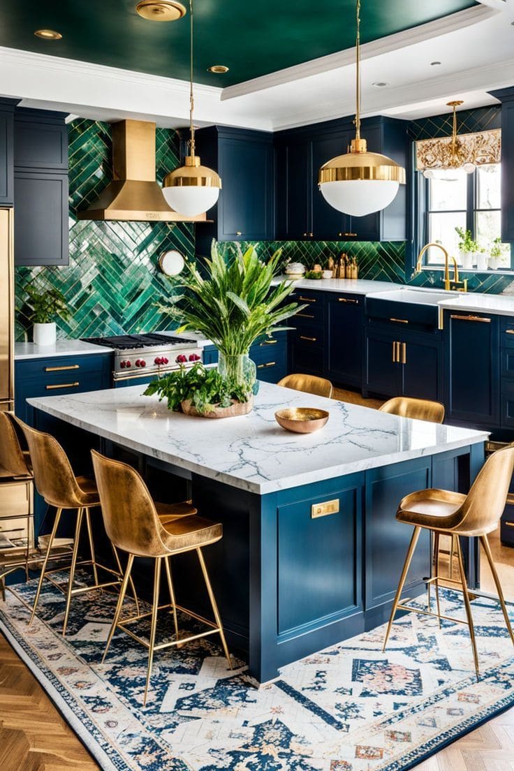 Luxurious Navy and Emerald Glam Kitchen