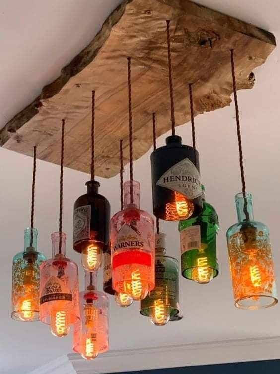 Rustic Bottle Chandelier with Wooden Mount