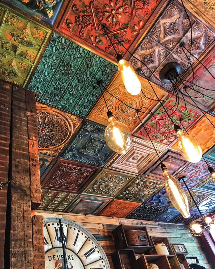 Vintage Tin Tile Ceiling with Edison Bulbs